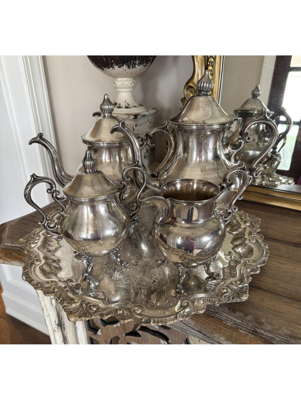Birmingham Silver Company Silverplate 4-Piece Tea Set with Wallace Ornate Tray